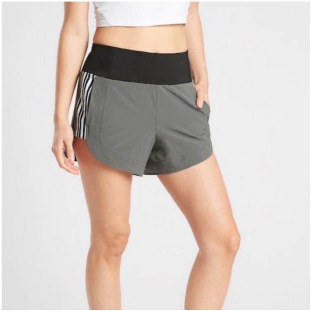 Athleta Ascender Shorts Olive Green & Black with White Stripes Size 12